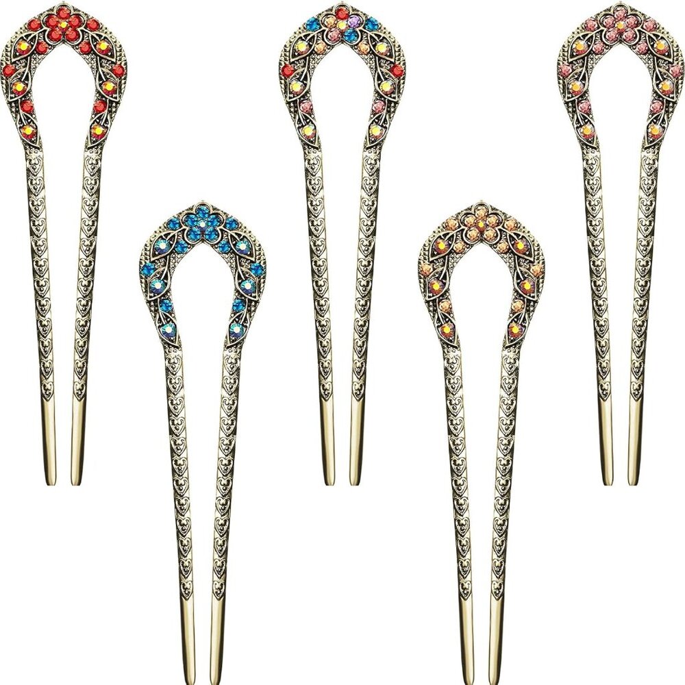 Elegant Floral Hair Sticks Set - Red, Blue, Orange Accents